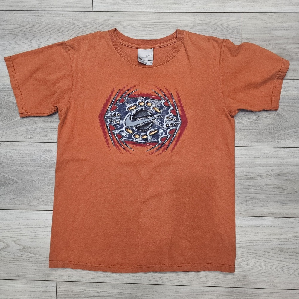 Nike T-Shirt Boy Youth Large Graphic Print Orange Gray Swoosh Streetwear Vintage